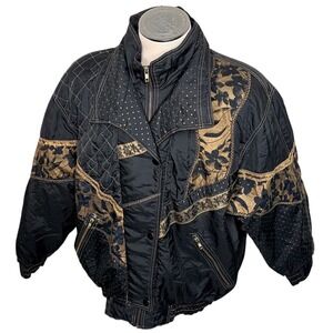 Gallery Woman Bomber Jacket 1X Black Gold Vintage 80s Metallic Floral Quilted